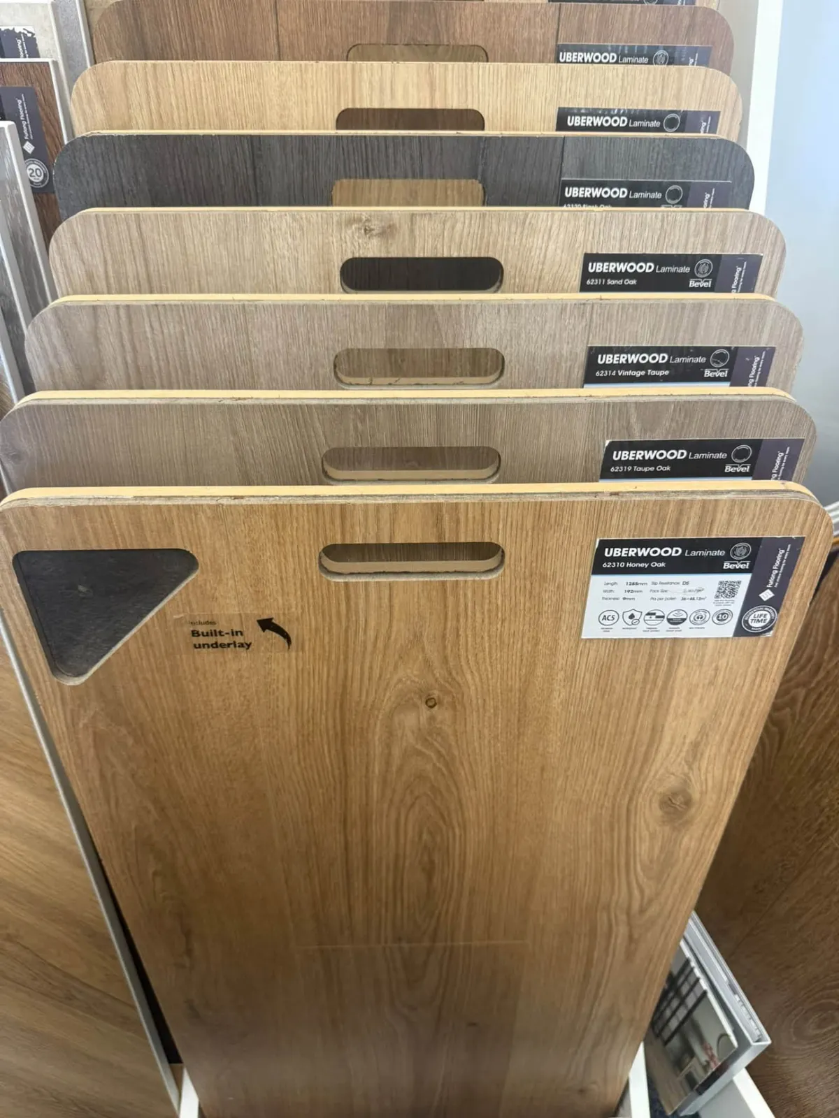 Laminate flooring sample boards in the showroom